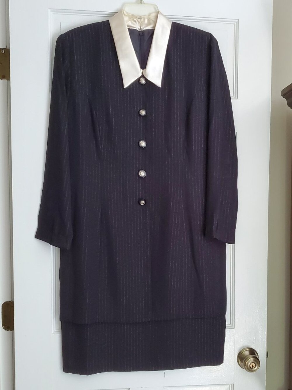 Vintage Virgo II Black Pinstripe Faux Coat Dress with Cream Satin Collar